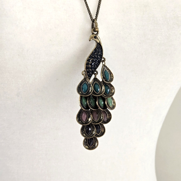 Peacock Chandelier Pendant Necklace Colorful Stones Boho Festival Cocktail Retro - Picture 11 of 12